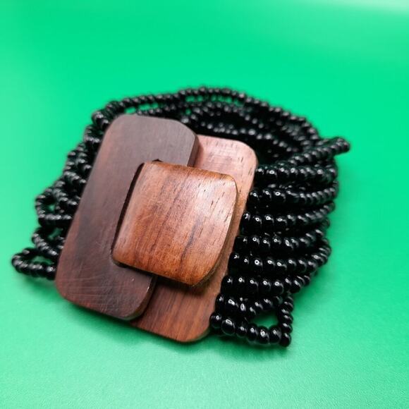 Black Beaded Wooden Clasp Bracelet, 7" by 2", 16 strands, Stretch Bracelet, - Picture 3 of 9